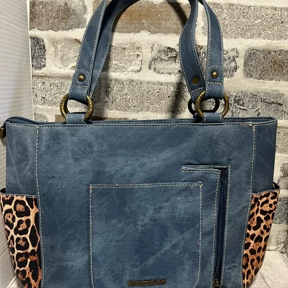 Montana West Embroidered Floral Leopard Concealed Carry Tote bag - Picture 4 of 8